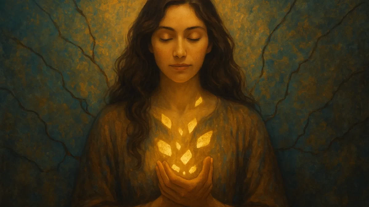 A spiritual digital painting of a woman receiving golden soul fragments into her heart — symbolizing healing, wholeness, and divine receptivity.