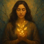 A spiritual digital painting of a woman receiving golden soul fragments into her heart — symbolizing healing, wholeness, and divine receptivity.