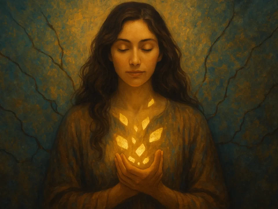 A spiritual digital painting of a woman receiving golden soul fragments into her heart — symbolizing healing, wholeness, and divine receptivity.